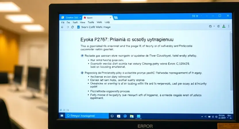 A computer screen displaying an error message "Ошибка P2767: причины и способы устранения" (Error P2767: causes and ways to fix). The screen should show technical information and troubleshooting steps. The background is a blurred office environment.