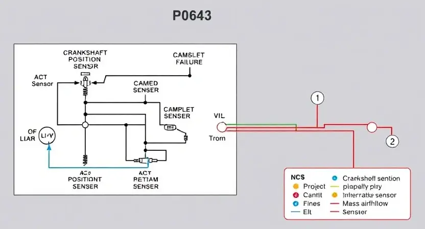 A detailed schematic diagram of an automotive sensor system, highlighting the P0643 error code and potential sensor failures. Include visual representations of sensors (e.g., crankshaft position sensor, camshaft position sensor, mass airflow sensor) and wiring connections. The diagram should be clean, well-labeled, and visually informative.