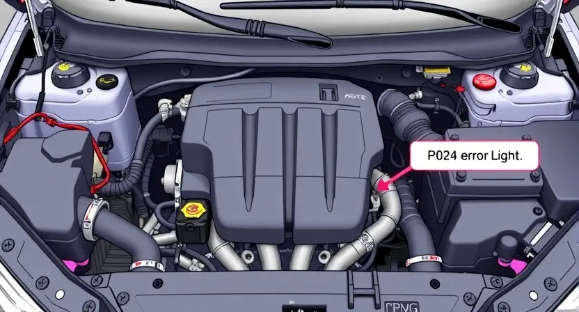 A detailed illustration of an automotive engine bay, focusing on the intake manifold and related components. The image should clearly show the P0204 error code indicator light on the dashboard. The engine should be well-lit and appear functional.
