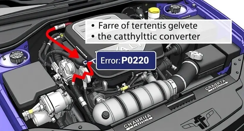 A detailed illustration depicting a car engine with a diagnostic error code P0220 highlighted. The engine should be partially disassembled, showing various components like hoses, sensors, and the catalytic converter. A digital display showing the error code should be visible.