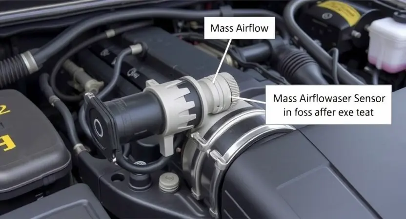 A detailed illustration of a car's engine bay, focusing on the mass airflow sensor. The sensor should be clearly visible, with labels indicating its function. Include wiring and hoses connected to the sensor. The background should be a slightly blurred view of the engine components.