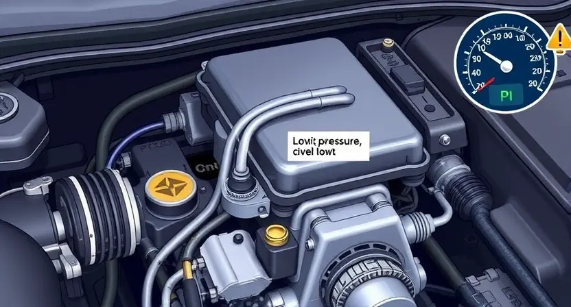 A detailed illustration of an engine bay with a focus on the oil pressure sensor and VTEC system components. The sensor should be clearly visible, possibly with a highlighted area indicating a potential malfunction. Include visual cues representing low oil pressure, such as a warning light illuminated on the dashboard and a visual representation of oil level being low. The overall scene should convey a sense of mechanical complexity and potential issues.