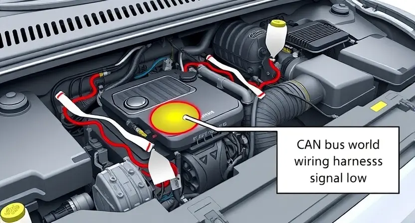 A close-up illustration of a car's engine bay with a highlighted CAN bus wiring harness. The wiring should be clearly visible, with a visual indication of a disrupted connection or signal flow. Focus on the complexity of the wiring and the potential point of failure.
