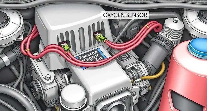 A detailed illustration of a car's engine bay, highlighting the oxygen sensor and related wiring. Focus on clarity and technical accuracy.