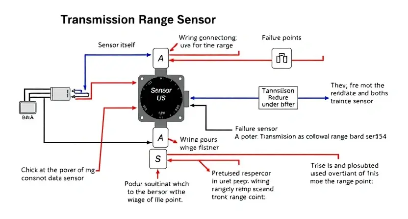 A detailed schematic diagram of a transmission range sensor, highlighting the sensor itself, wiring connections, and potential failure points. Include visual representations of the sensor's components and the data flow.