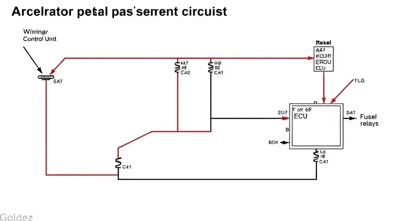 A detailed schematic diagram illustrating the accelerator pedal position sensor circuit in a car. Highlight the key components: the sensor itself, wiring, the engine control unit (ECU), and relevant fuses/relays. Use clear, distinct lines and labels in a technical drawing style. Focus on the connections and signal flow within the circuit. The background should be a clean, neutral color.