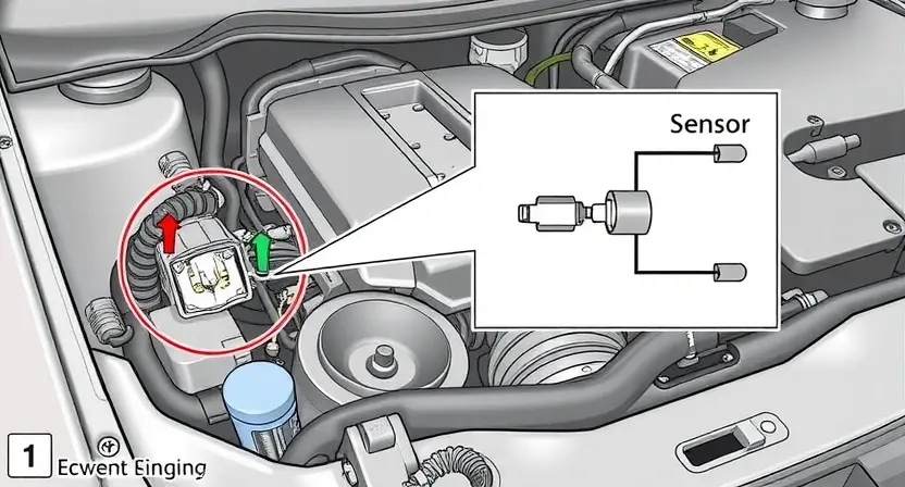 A detailed illustration of a car's engine bay, focusing on the transmission and sensor area. Show a diagrammatic representation of the sensor circuit, highlighting the wire connections and the position of the transmission lever. Include visual cues indicating a potential fault or issue with the sensor.