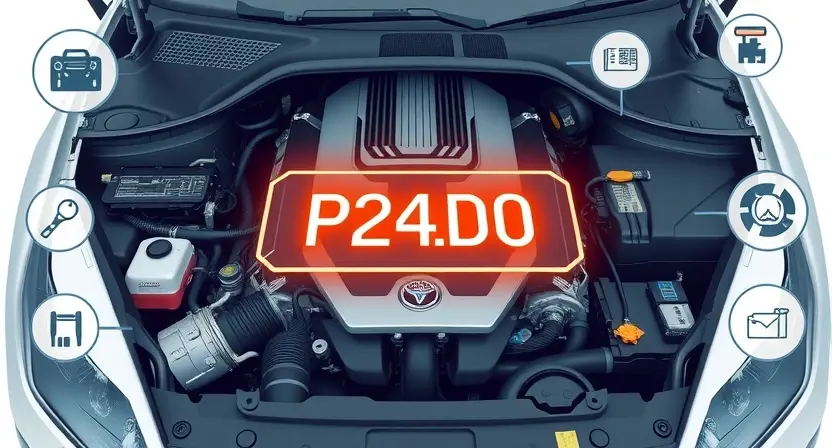 A high-quality technical illustration showing a modern car engine with a glowing diagnostic scanner displaying the error code P24D0, surrounded by subtle symbols of automotive repair tools and circuit diagrams, clean background, detailed mechanical parts, realistic lighting