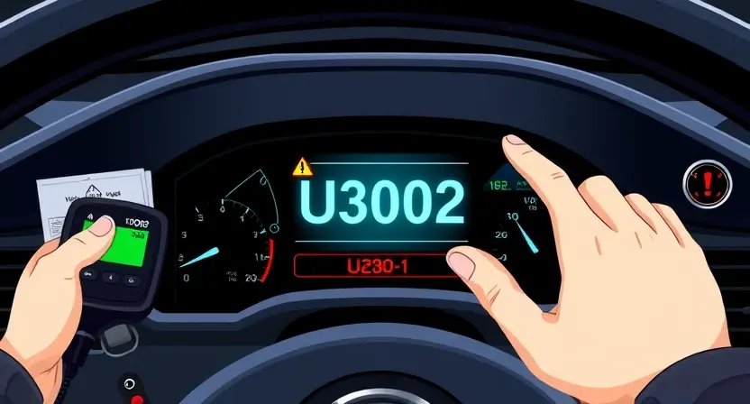 A technical illustration of a car dashboard with a glowing error code U3002 displayed on the screen, surrounded by diagnostic tools like an OBD-II scanner, wiring diagrams, and a mechanic's hands pointing at the code, with subtle warning symbols (exclamation triangle, check engine light) in the background, clean professional lighting, no text or letters visible on any surfaces, no digits except the error code U3002 itself which is part of the display, no logos, no advertisements, no people faces