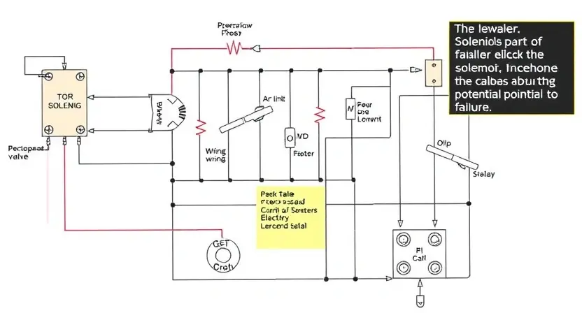 A detailed schematic diagram of a solenoid valve circuit, highlighting potential points of failure. Include components like the solenoid, wiring, relays, and any associated sensors or control elements. The diagram should be clear, well-labeled, and visually represent the flow of electricity and signals within the circuit. Focus on the electrical connections and component placement.
