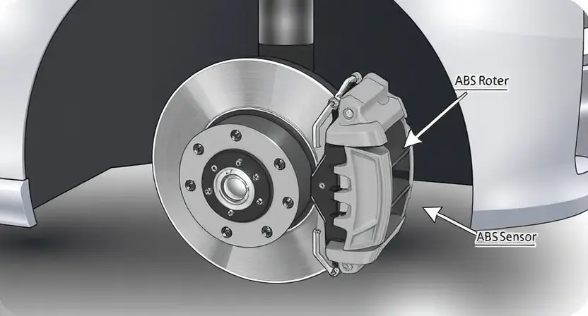 A detailed illustration of a car's brake system, specifically highlighting the ABS (Anti-lock Braking System) components. Show the wheel, brake rotor, caliper, and ABS sensor. Use arrows to indicate the flow of hydraulic fluid and electrical signals within the system. The image should be clean and informative, focusing on the mechanical and electronic aspects of ABS.