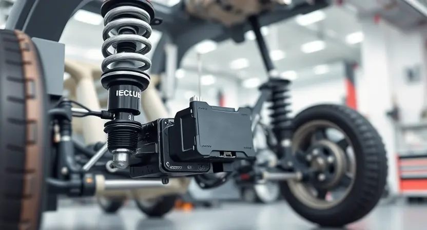 A modern car suspension system with visible components like shock absorbers, control arms, and electronic control unit (ECU), showing a subtle wireless signal disruption between the ECU and suspension parts, symbolizing loss of communication; set in a clean automotive workshop with soft lighting, no text or labels visible