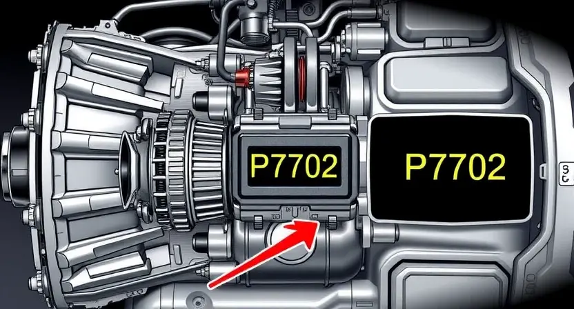 A detailed illustration of an automotive transmission system, highlighting the P2702 error code indicator. The image should show various components like gears, shafts, and sensors, with a clear visual representation of the error code displayed on a dashboard. Focus on technical accuracy and clarity.