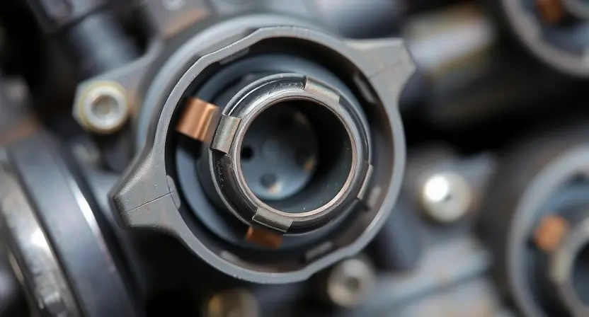 A close-up, detailed photograph of an ABS solenoid valve assembly. The focus should be on the solenoid coil and its surrounding components, highlighting signs of wear and tear such as corrosion, cracks, or physical damage. The background should be blurred to emphasize the solenoid.