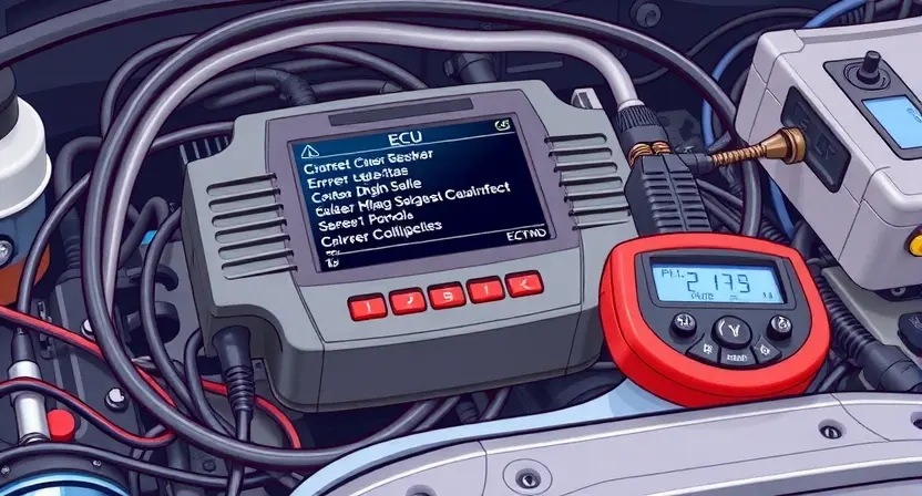 A detailed illustration of a car's engine control unit (ECU) with various diagnostic tools connected. Focus on the ECU's display showing error codes, and surrounding components like sensors and wiring. The image should convey a sense of technical inspection and problem-solving.