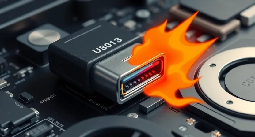 A close-up of a laptop motherboard showing a USB Type-C connector labeled U3013, with visible signs of overheating such as discoloration or scorch marks, and a digital temperature sensor component nearby, technical illustration style