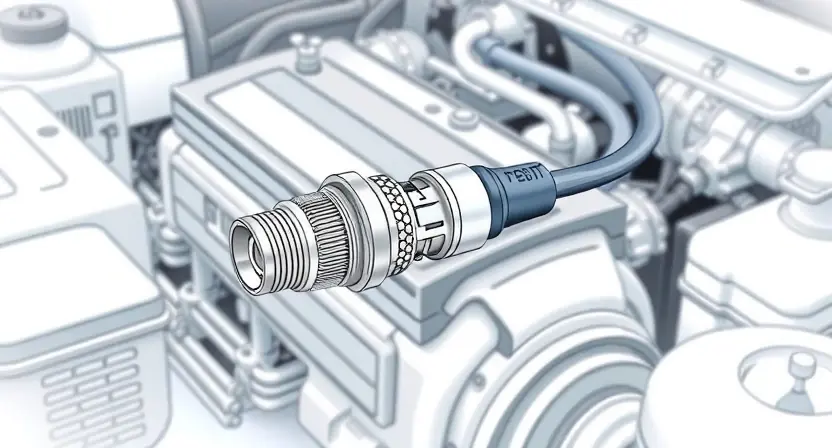 A detailed illustration of an automotive engine bay with a close-up of a lambda sensor. The sensor should be clearly visible, with wiring and connections highlighted. The background should be slightly blurred to emphasize the sensor. Focus on technical accuracy and clarity.