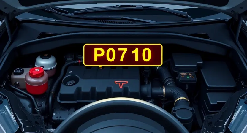 A detailed illustration of a car's engine bay, highlighting the P0710 error code indicator light. Focus on the dashboard and the diagnostic light.