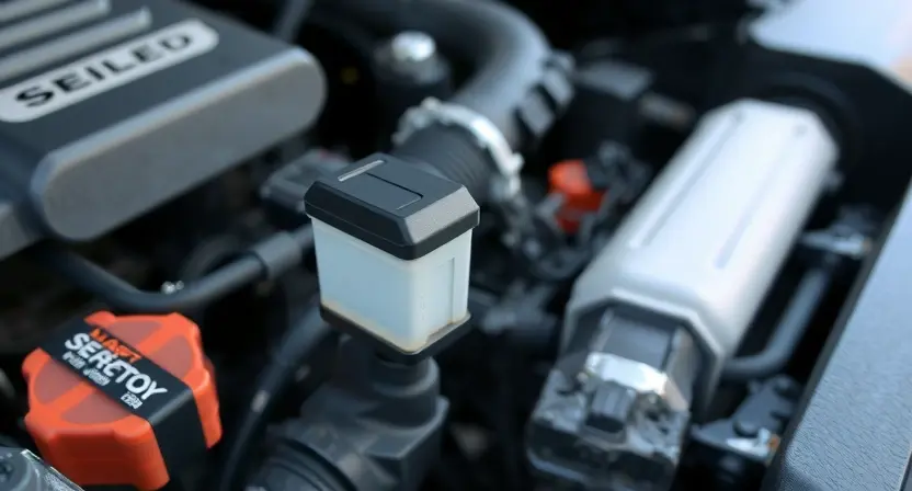 A close-up, detailed illustration of a car engine bay, focusing on the mass airflow sensor (MAF sensor). The sensor should be clearly visible, with surrounding engine components subtly in focus. The overall lighting should be bright and clean, highlighting the sensor's details. The background should be blurred to emphasize the sensor.