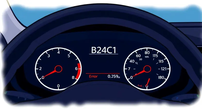 A detailed illustration of a car dashboard with a display showing an error code B24C1. The dashboard should be brightly lit, showcasing the error message clearly. Include visual cues suggesting a car's adaptive lighting system (e.g., a light sensor, a headlight).