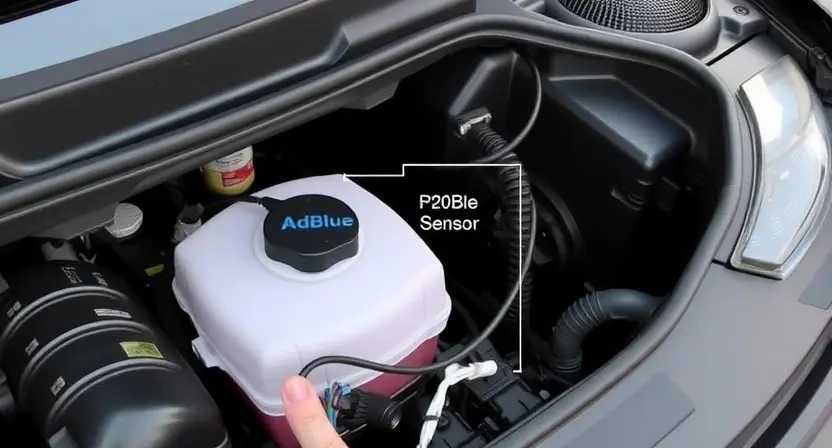 A close-up of a car's engine bay, focusing on the AdBlue tank and its associated wiring and sensor. The image should clearly show the location of the sensor and the wiring connected to it. The overall scene should be well-lit and detailed, highlighting the components relevant to the P205B error.