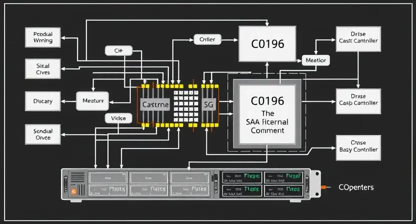A detailed schematic diagram of a SAS system with a highlighted component labeled 'C0196'. The diagram should illustrate the flow of data and signal paths within the system. Focus on the internal workings of the SAS controller and its connection to storage devices.