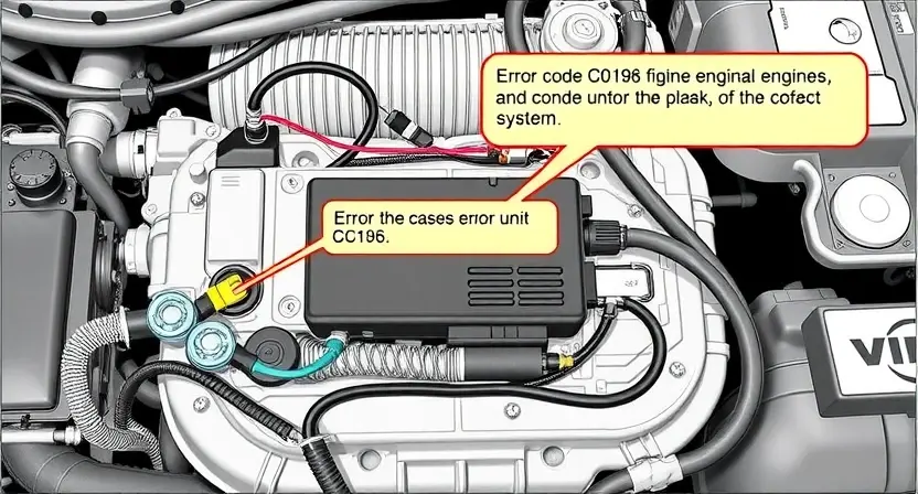 A detailed diagram illustrating a car's engine control unit (ECU) with a highlighted error code C0196. Show wiring connections, sensors, and relevant components. The diagram should clearly indicate the affected system and potential causes of the error. Focus on technical accuracy and clarity.