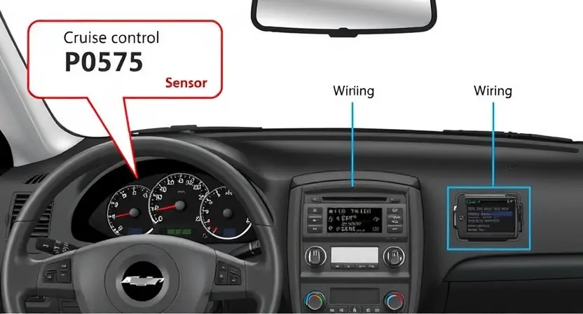 A detailed illustration of a car's dashboard with the cruise control system highlighted. Focus on the display showing a P0575 error code, along with the relevant components of the cruise control module and its wiring. The image should clearly depict the potential causes of the error, such as a faulty sensor or wiring issue.