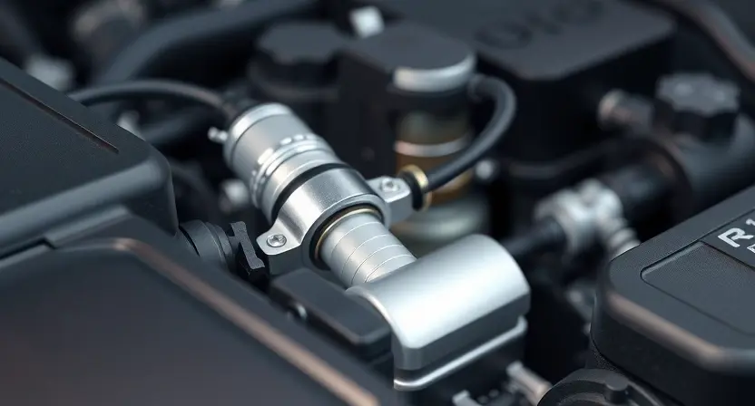A close-up, detailed illustration of an automotive engine bay with a focus on the oxygen sensor (O2 sensor). The sensor should be clearly visible, with wiring connected to it. The background should show other engine components, but blurred to keep the focus on the sensor. The overall lighting should be bright and clean, highlighting the sensor's details. The image should convey a sense of technical precision and diagnostic inspection.