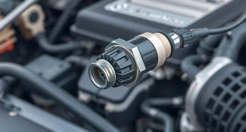 A close-up, detailed illustration of a car's oxygen sensor. The sensor should be clearly visible, showing its components and connections. The background should be a slightly blurred automotive engine bay. Focus on the sensor's physical appearance and its placement within the engine environment.