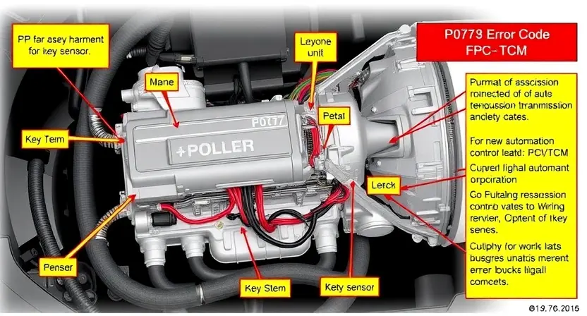 A detailed illustration of an automatic transmission control module (PCM/TCM) with highlighted components related to the P0707 error code. The image should show the PCM/TCM unit, wiring harness connections, and key sensors relevant to automatic transmission operation. Focus on visual representation of the module's internal components and connections.