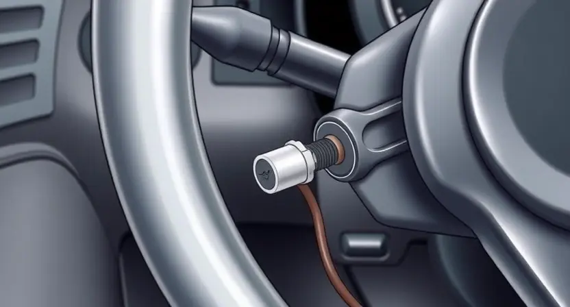 A close-up illustration of a car's steering system, highlighting the rudders or steering angle sensor. Show the sensor connected to the steering column and potentially a wire leading to the car's computer. The background should be a slightly blurred view of the car's interior. Focus on the mechanical and electrical components related to the rudders sensor.