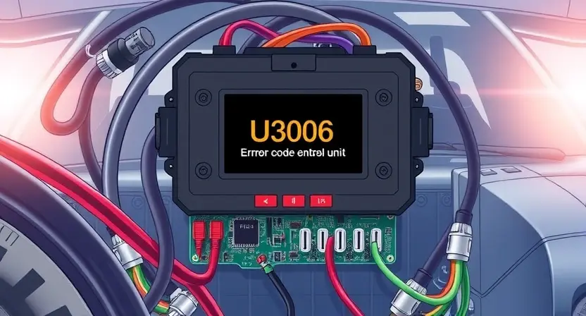 A detailed technical illustration of an automotive ECU (Electronic Control Unit) with visible error code U3006 displayed on a diagnostic scanner screen, surrounded by wiring harnesses, sensors, and circuit board components, in a clean automotive workshop setting with soft ambient lighting, emphasizing troubleshooting and fault diagnosis
