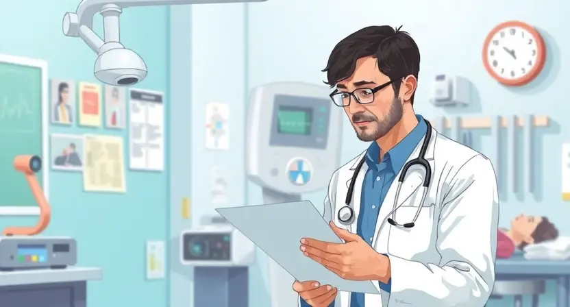 A detailed illustration depicting a medical professional examining a patient's chart, with various diagnostic tools and equipment subtly visible in the background. Focus on clarity and precision in the depiction of the medical environment.