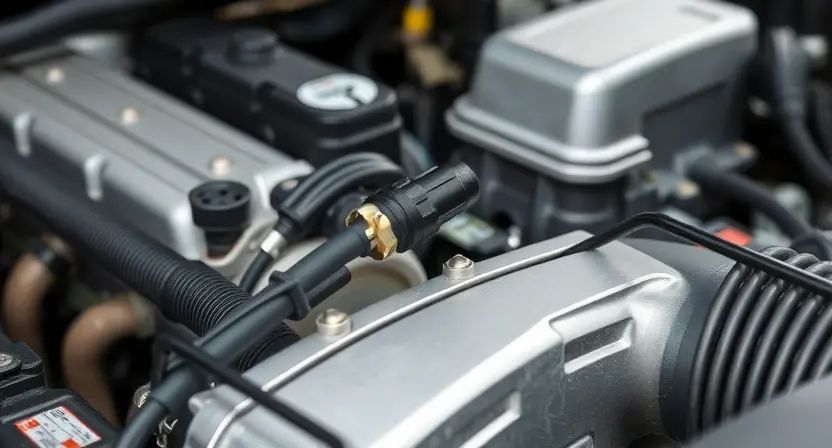 A close-up, detailed image of a car's engine bay, focusing on the coolant temperature sensor. The sensor should be clearly visible, along with surrounding hoses and components. The overall lighting should be bright and even, highlighting the metallic surfaces and details. The engine should appear clean and well-maintained.