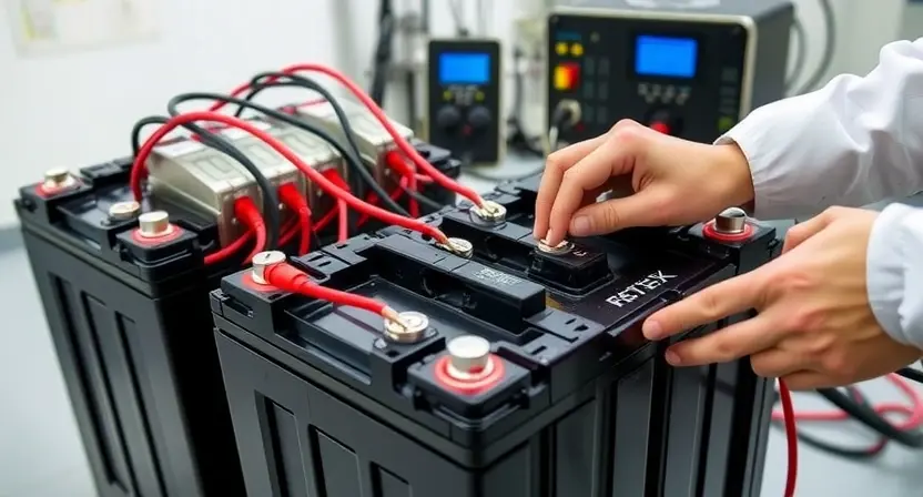 A high-voltage battery balancing procedure. Focus on a technician using specialized equipment to balance cells within a large battery pack. The image should depict the battery pack, the balancing equipment (with wires connecting to the battery cells), and the technician's hands interacting with the equipment. The environment should be a clean, professional laboratory or workshop setting. Emphasize precision and technological complexity.