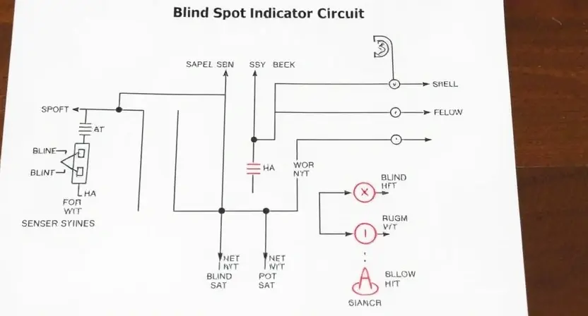A detailed schematic diagram of an automotive sensor circuit, specifically focusing on the blind spot indicator circuit. Include labeled components like sensors, wiring, and the indicator lights. The diagram should be clean and well-organized, with clear connections between components.