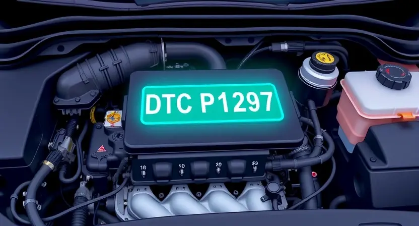 A detailed illustration of a car engine bay with a focus on the diagnostic trouble code (DTC) P1297 illuminated on a dashboard display. The engine should be partially visible, showcasing various components like hoses, wires, and sensors. The overall lighting should be bright and clear, highlighting the error code.