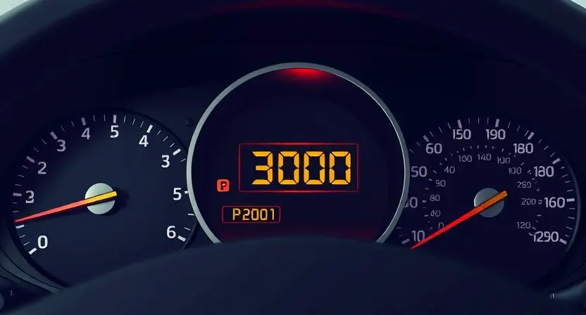 A close-up, detailed illustration of a car's dashboard with a prominent warning light displaying 'P3000'. The dashboard should be clean and modern, with a focus on the warning light and surrounding gauges. The overall color scheme should be muted and professional, suggesting a technical or automotive context. The background should be blurred, drawing attention to the dashboard.