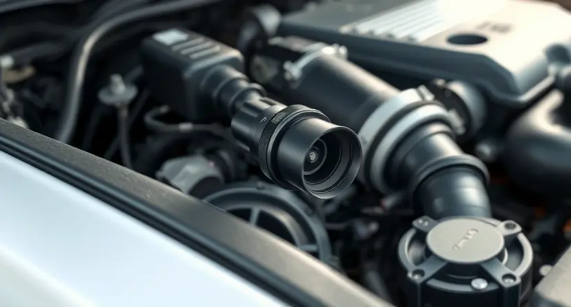 A close-up, detailed illustration of a car's engine bay with a focus on the mass airflow sensor (MAF sensor). The sensor should be clearly visible, with surrounding engine components subtly in focus. The overall lighting should be bright and clean, highlighting the sensor's details.