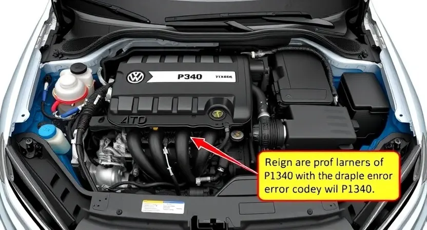 A detailed illustration of a Volkswagen or Audi car engine bay, highlighting the area related to the P1340 error code. Focus on the wiring harness, sensors, and potentially a diagnostic tool.