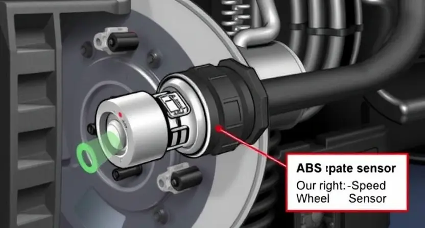 A detailed illustration of an ABS system sensor failure, specifically focusing on the right rear wheel speed sensor. The image should depict a close-up of the sensor, highlighting potential damage or malfunction. Include visual cues indicating a faulty connection or internal component issue. The background should be a technical schematic of a car's braking system.
