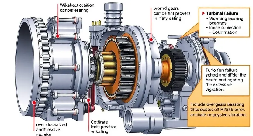 A detailed illustration of a turbine actuator with a focus on the internal mechanisms. Show potential mechanical failures like worn gears, damaged bearings, or loose connections. Include visual cues indicating the cause of the P2563 error, such as overheating or excessive vibration. The image should be highly technical and informative, suitable for a repair manual.
