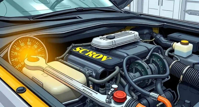 A detailed illustration of a car engine with a diagnostic light illuminated on the dashboard. The engine should be partially disassembled, showing various components like hoses, wires, and belts. A wrench is shown near the engine, suggesting a repair or inspection is in progress. The background should be a clean, uncluttered garage setting.