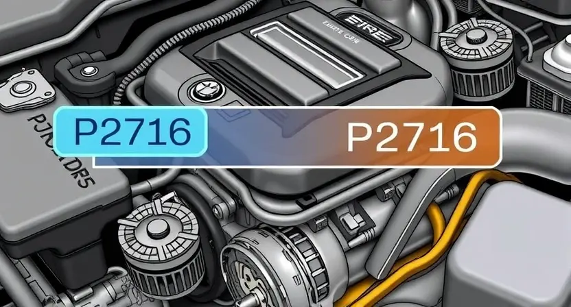 A detailed illustration of a car engine with a highlighted P2716 error code indicator. The engine should be realistically rendered, showing various components like pistons, valves, and belts. The error code indicator should be clearly visible and illuminated.