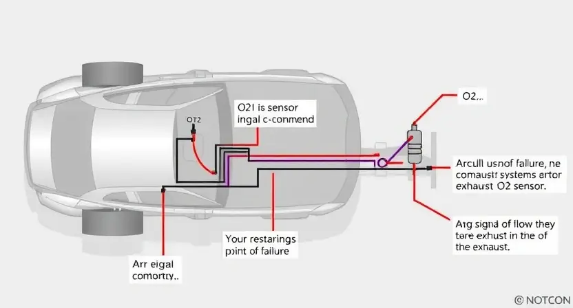 A detailed diagram illustrating a car's engine control system, specifically highlighting the O2 sensor and its connection to the engine computer. Show the signal flow and potential points of failure in the exhaust system leading to the O2 sensor. Focus on the visual representation of the circuit and components, not on a specific car model.