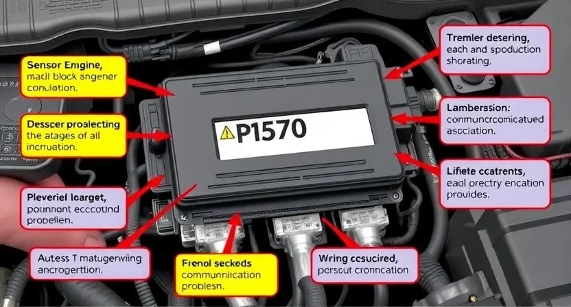 A detailed illustration of an automotive engine control unit (ECU) with highlighted areas representing potential causes of P1570 error. Include visual cues for sensor malfunctions, wiring issues, and communication problems. Focus on technical accuracy and clarity.