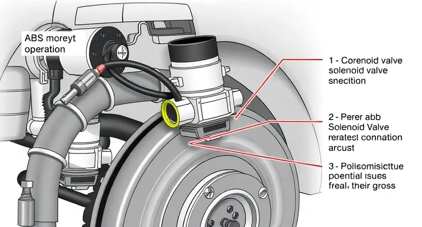A detailed illustration of an ABS (Anti-lock Braking System) solenoid valve, highlighting its internal components and connections. The image should show the solenoid valve mounted on a vehicle's brake system, with clear visual cues indicating potential issues related to the solenoid's operation. Focus on the electrical connections and the valve's physical structure.
