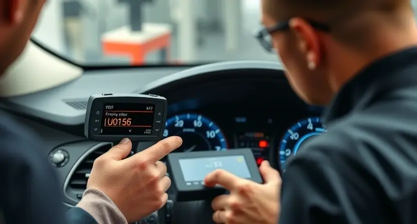 A professional automotive diagnostic scene showing a mechanic using an OBD-II scanner to troubleshoot a vehicle with a displayed error code U0156, focusing on the vehicle's instrument cluster indicating loss of communication with the instrument panel, clean technical environment, high detail, realistic lighting