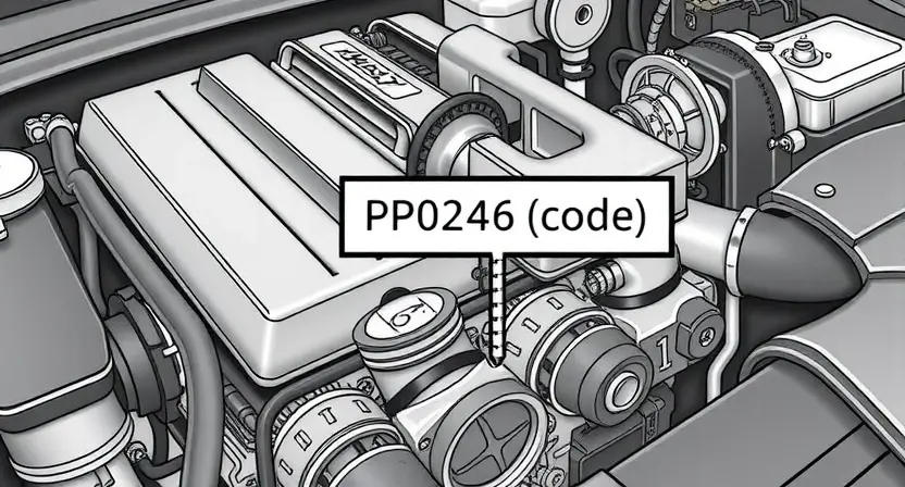 A detailed illustration of a car engine with a highlighted P0246 error code indicator. The engine should be realistically rendered, showing various components like pistons, valves, and belts. The P0246 code should be clearly visible on a dashboard display or a separate diagnostic screen.